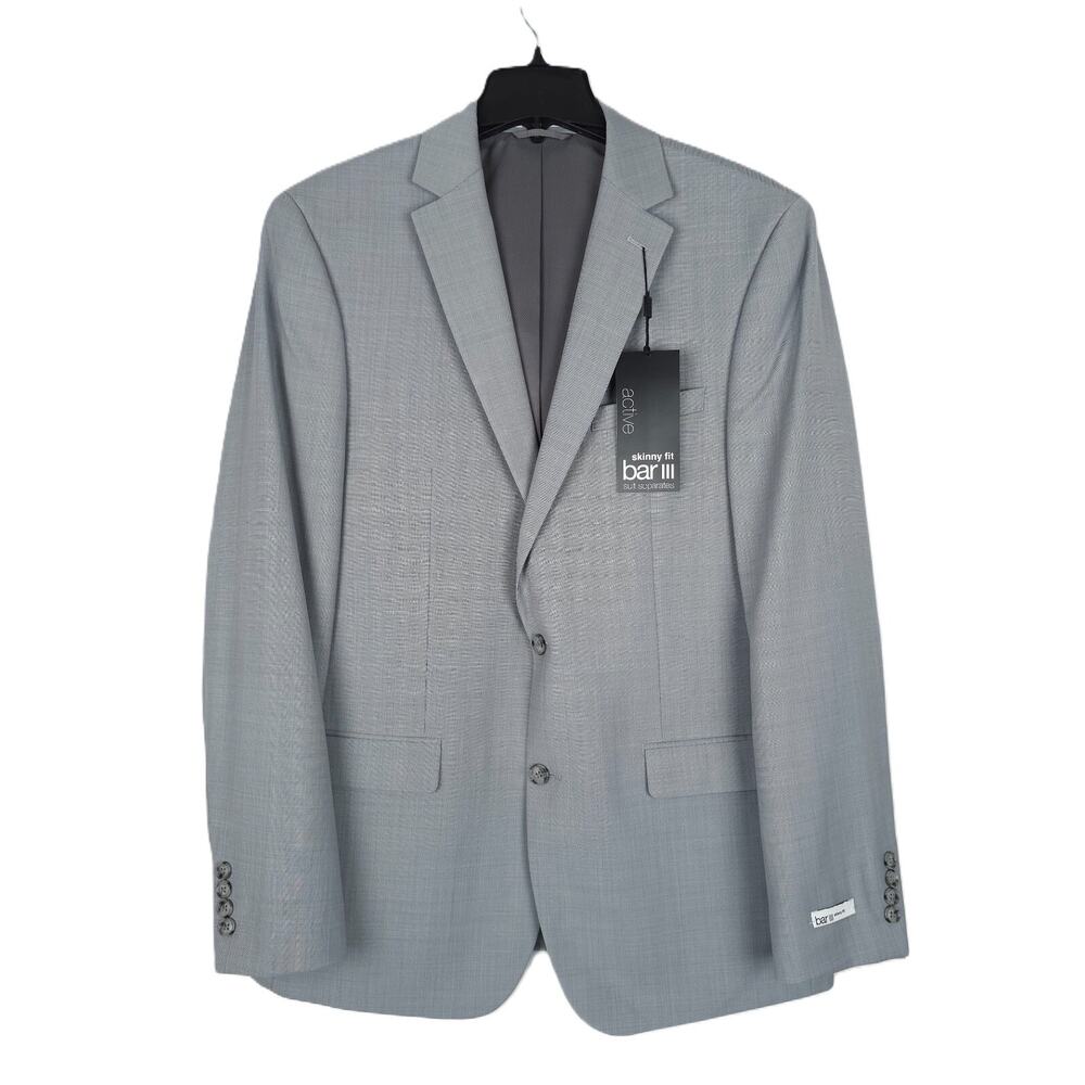 Bar III Mens Skinny Fit Suit Jacket 36R Light Grey Sharkskin Stretch Wool NWT